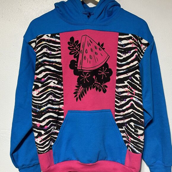 Upcycled Reworked Refashioned Womens/Mens Hoodie Sweatshirt OOAK Color Block - Picture 3 of 12